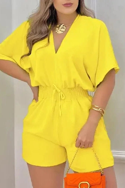 Glorol - Batwing V-Neck Short Sleeve Jumpsuit