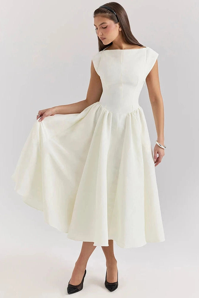 Glorol - Hollow Out Backless Sleeveless High Waist Pleated A-line Midi Dress