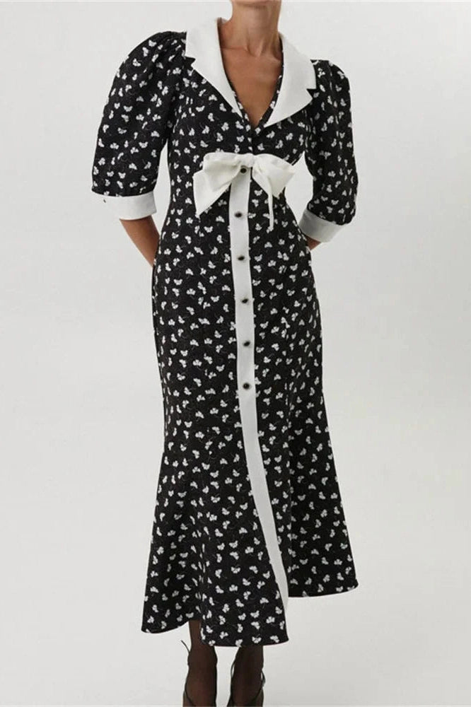 Glorol - Printed V-Neck Patchwork Midi Dress