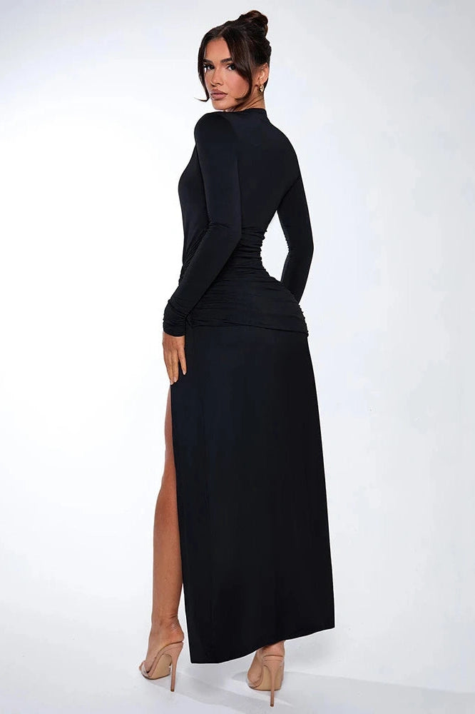 Glorol - Deep V Neck Long Sleeve High Split Maxi Dress