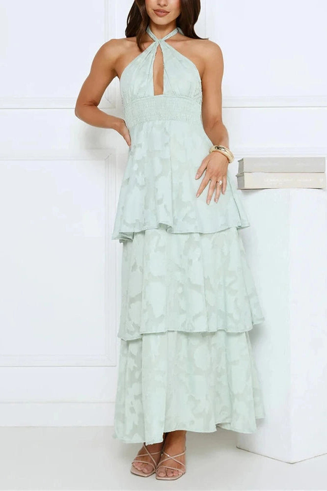 Glorol - Elegant Hollow Out Backless Tie Up High Waist Maxi Dress