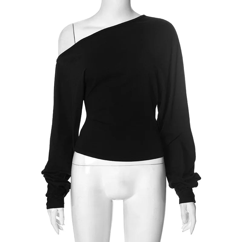 Glorol - Hollow Out Pleated Slim Long Sleeve Top