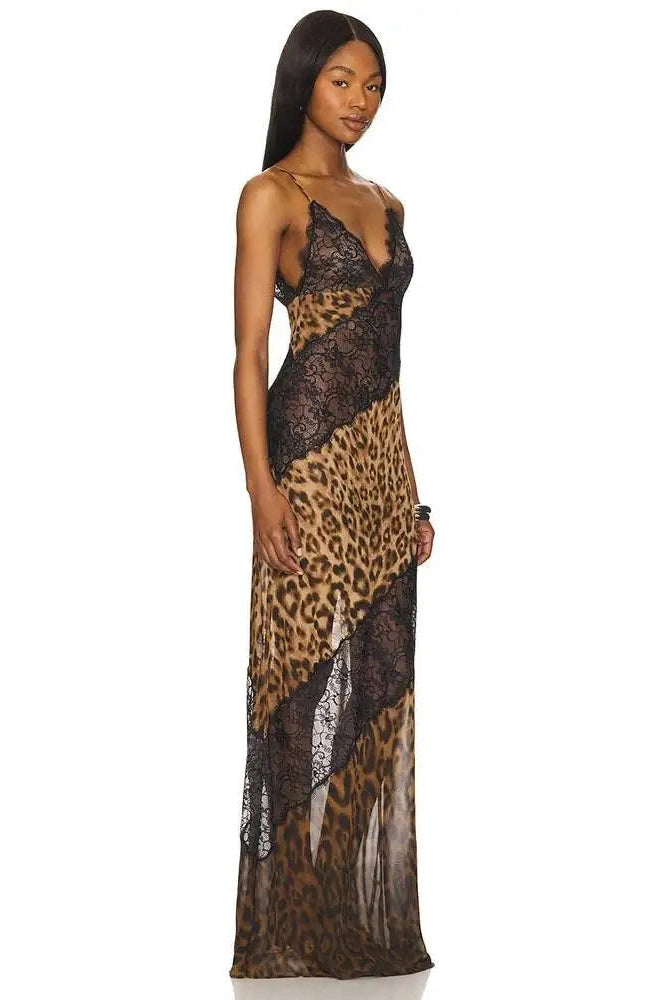 Glorol - Printed Spaghetti Strap Patchwork See Through Sleeveless Maxi Dress