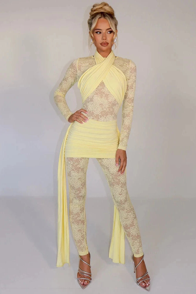 Glorol - Sheer Lace Patchwork Long Sleeve Jumpsuit