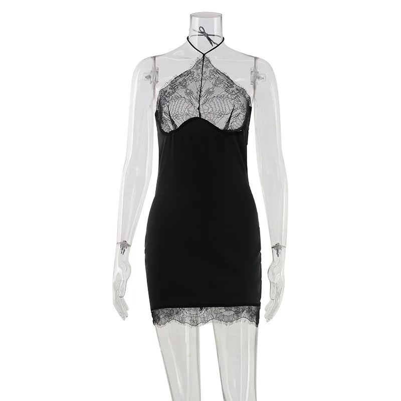 Glorol - Halter Neck Patchwork Backless Mini Dress