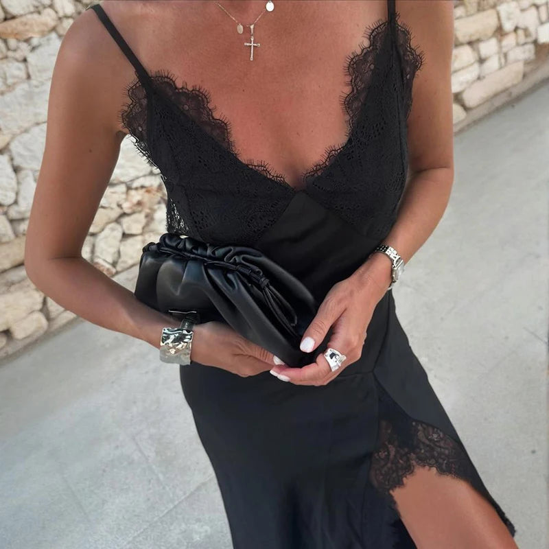 Glorol - Lace Sleeveless Spaghetti Strap Bodycon Maxi Dress