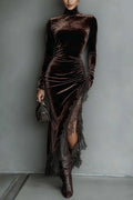 Glorol - Elegant Turtleneck Long Sleeve Velvet Lace Fit Midi Dress