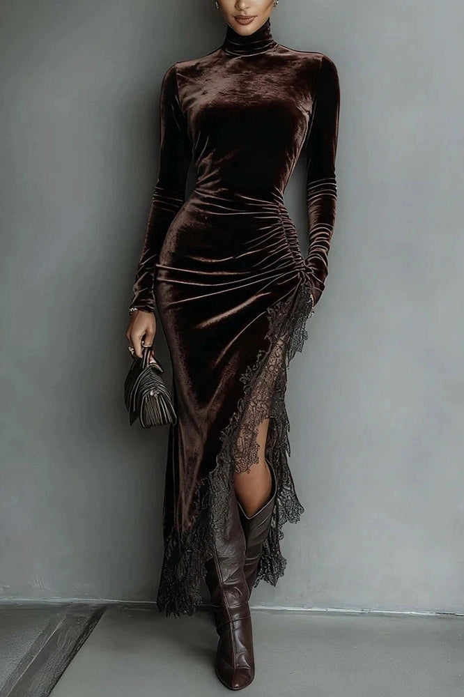 Glorol - Elegant Turtleneck Long Sleeve Velvet Lace Fit Midi Dress