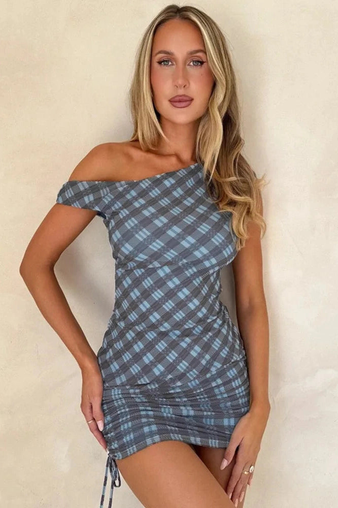 Glorol - Plaid Printed One Shoulder Backless Sleeveless Mini Dress