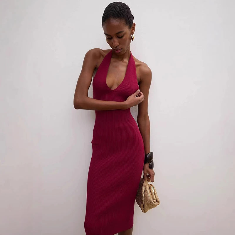 Glorol - Knitted V-Neck Sleeveless Slim Midi Dress