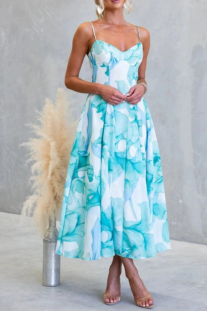 Glorol - Floral Printed High Waist Sleeveless Pleated Midi Dress