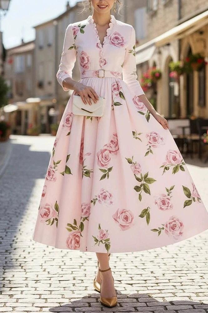 Glorol - Elegant High Waist A-Line V-Neck Printed Long Sleeve Pleated Midi Dress