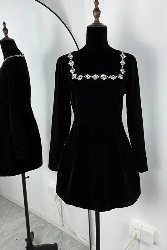 Glorol - Elegant Square Neck Velvet Slim A-Line Long Sleeve Mini Dress