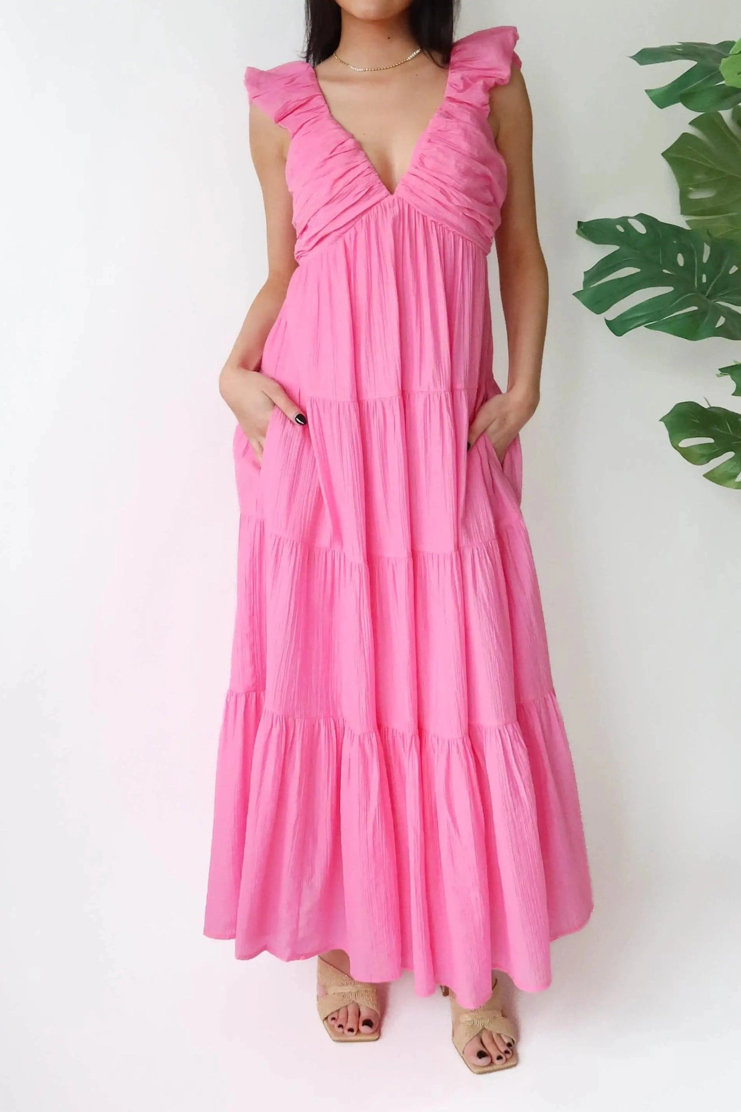 Glorol - Elegant V-Neck Loose Pleated Maxi Dress