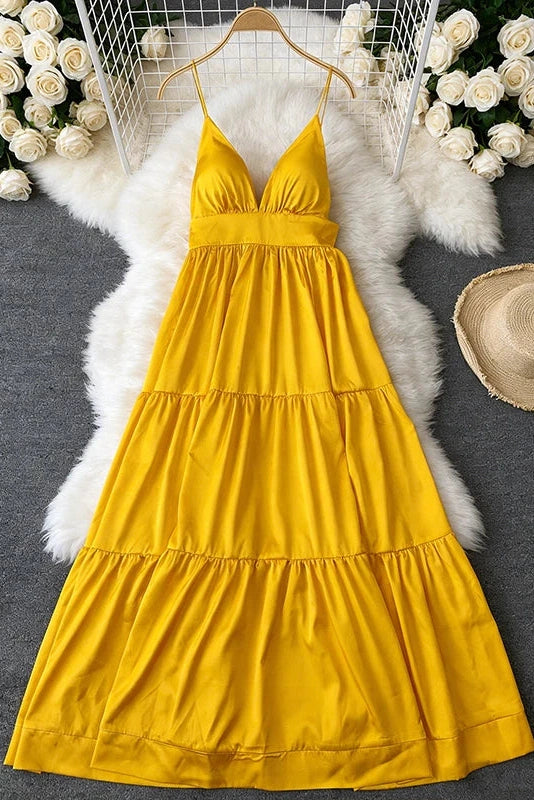 Glorol - Pleated V-Neck Sleeveless High Waist Maxi Dress