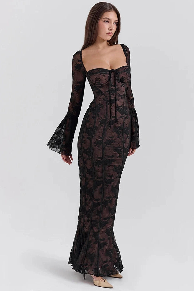 Glorol - Lace Print Long Flare Sleeve Square Collar Maxi Dress