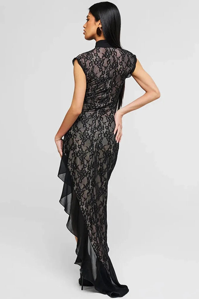 Glorol - Hollow Out Lace Sleeveless High Split Maxi Dress