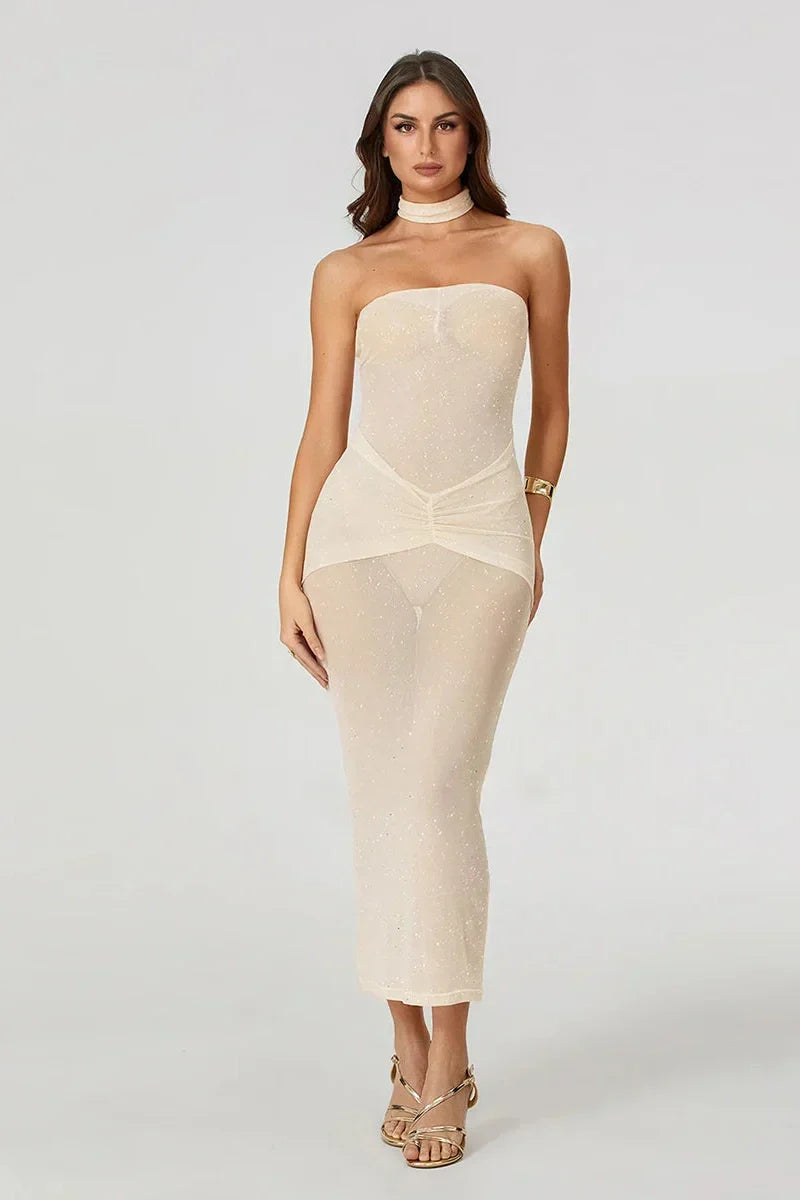 Strapless Bodycon See-Through Maxi Dress