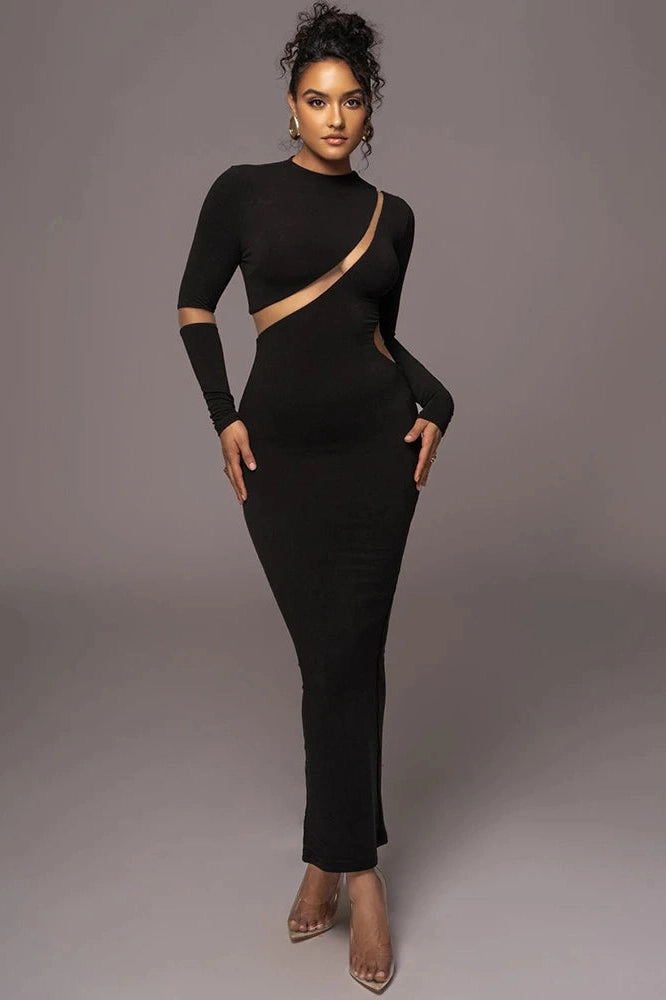 Glorol - Long Sleeve Bodycon Patchwork Hollow Out Maxi Dress