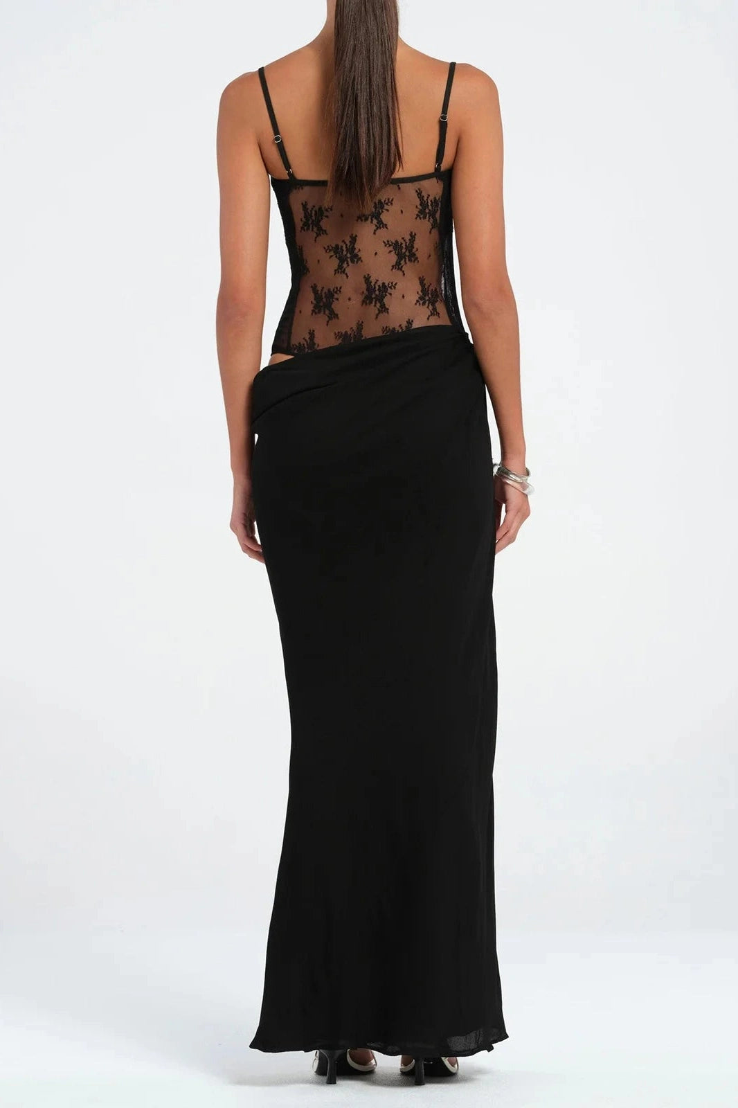 Glorol - Patchwork Lace Slim Spaghetti Strap Backless Maxi Dress