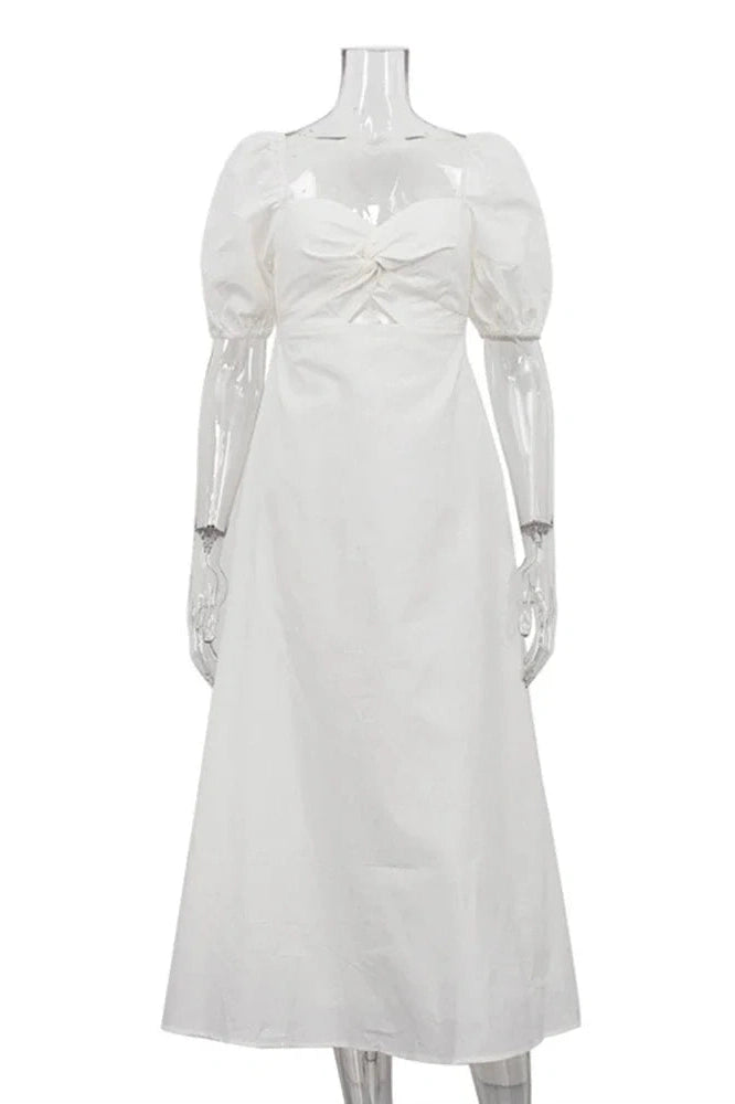 Glorol - Hollow Out Cotton Square Collar Puff Sleeve Slim A-Line Maxi Dress