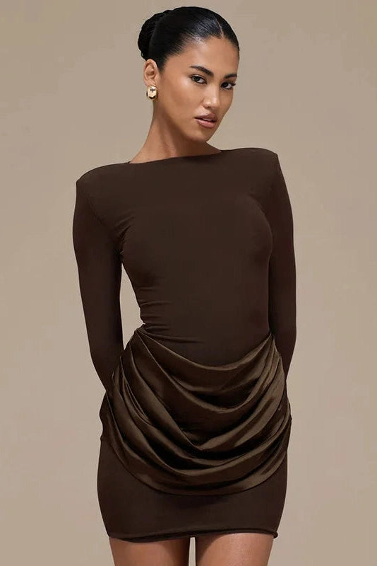 Glorol - Elegant Pleated Slim Round Neck Long Sleeve Mini Dress