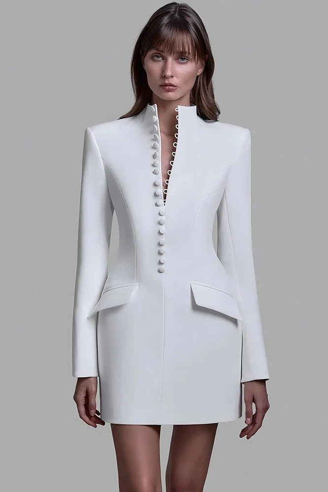 Glorol - Long Sleeve Single-Breasted Turtleneck Mini Dress
