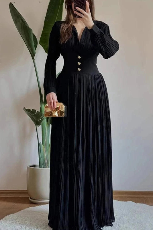 Glorol - Long Sleeve High Waist Pleated V-Neck Maxi Dress