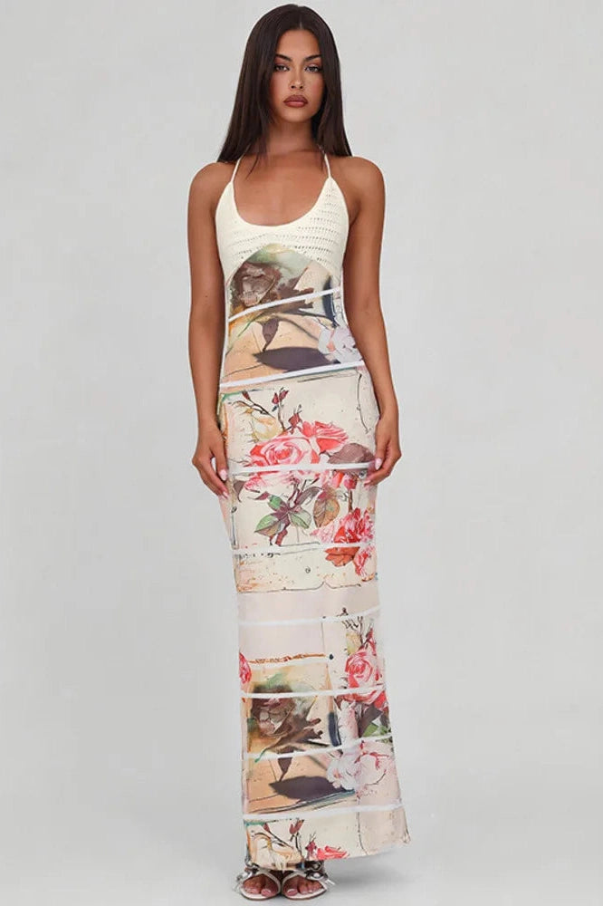 Glorol - Backless Printed Patchwork Lace-up Sleeveless Bodycon Maxi Dress
