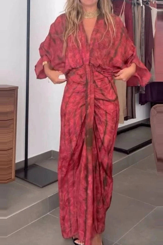 Glorol - Sleeves Loose Printed Tie-Up V-Neck High Waist Pleated Maxi Dress