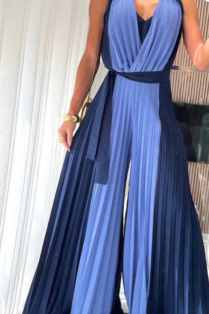 Glorol - Elegant V-Neck Pleated High Waist Hollow Out Jumpsuit