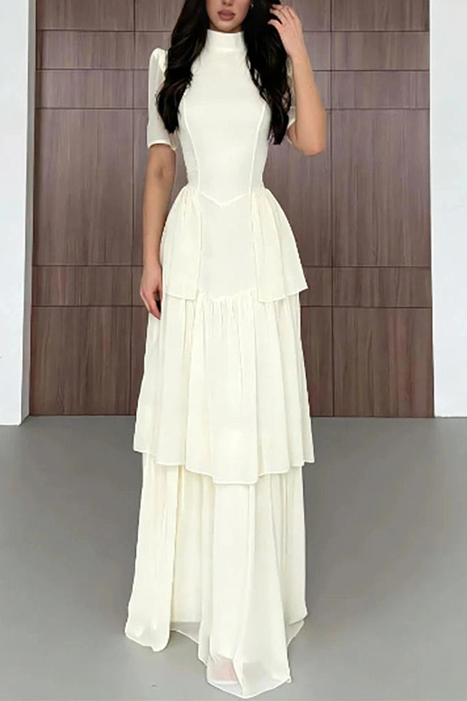 Glorol - O-Neck Pleat High Waist Maxi Dress