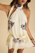 Glorol - Printed Sleeveless Backless Lace Up High Waist Mini Dress