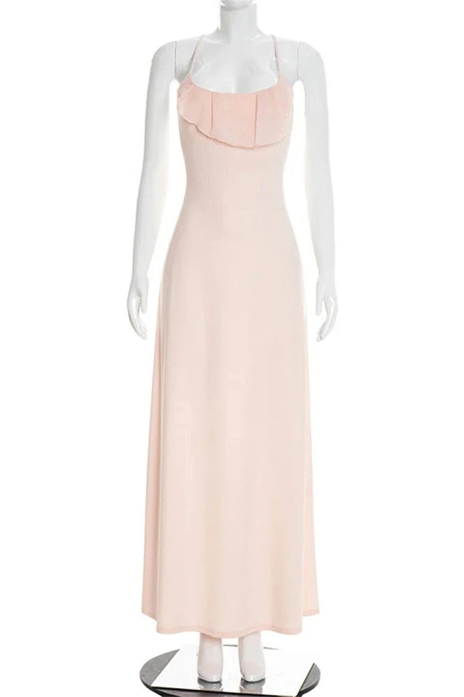 Glorol - Backless Lace-Up Patchwork Slim Maxi Dress
