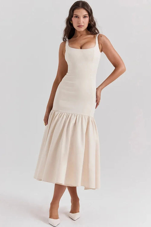 Glorol - Backless Square Collar Sleeveless Loose Pleated Maxi Dress