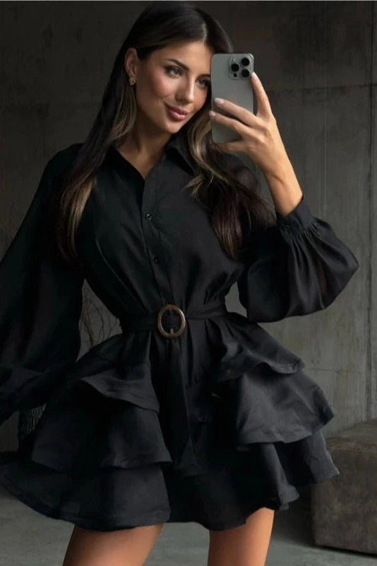 Glorol - Elegant Long Sleeves Single-Breasted Belt Mini Dress