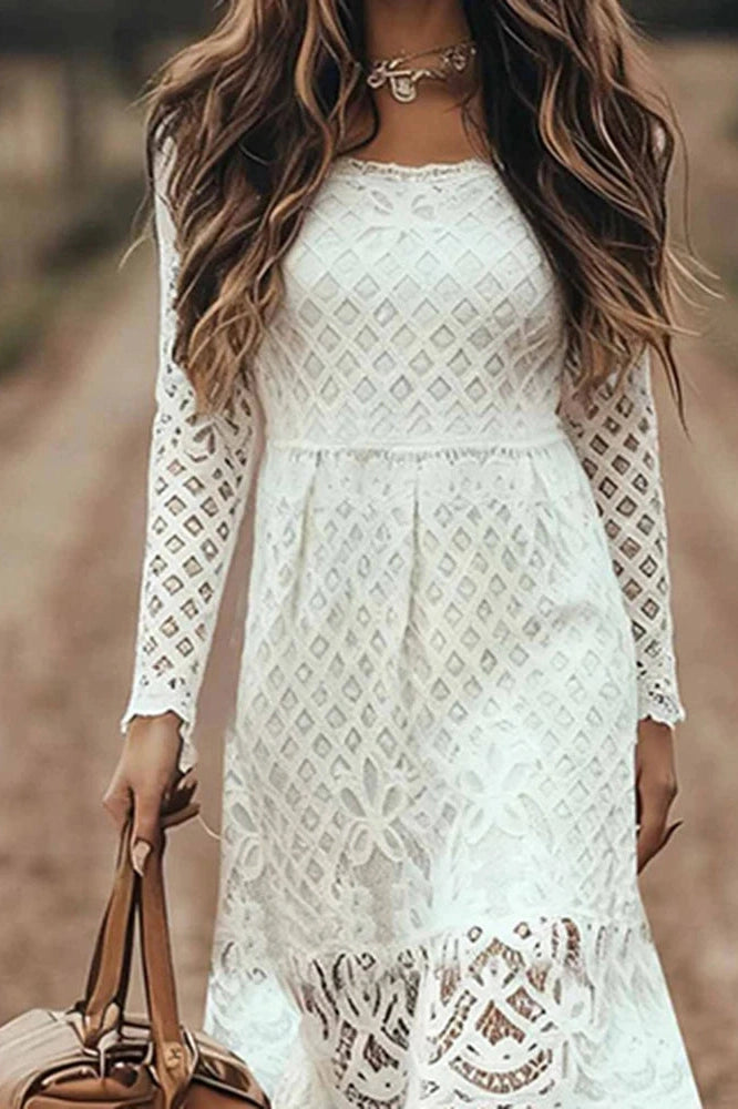 Glorol - Lace Embroidery U-Collar Long Sleeve High Waist Midi Dress