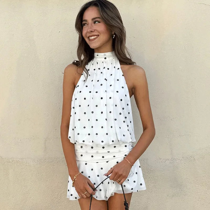 Glorol - Polka Dot Lace-Up Patchwork Mini Dress