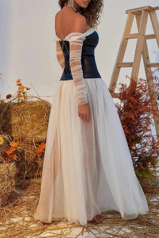Glorol - Off Shoulder Pleated High Waist PU Leather Maxi Dress