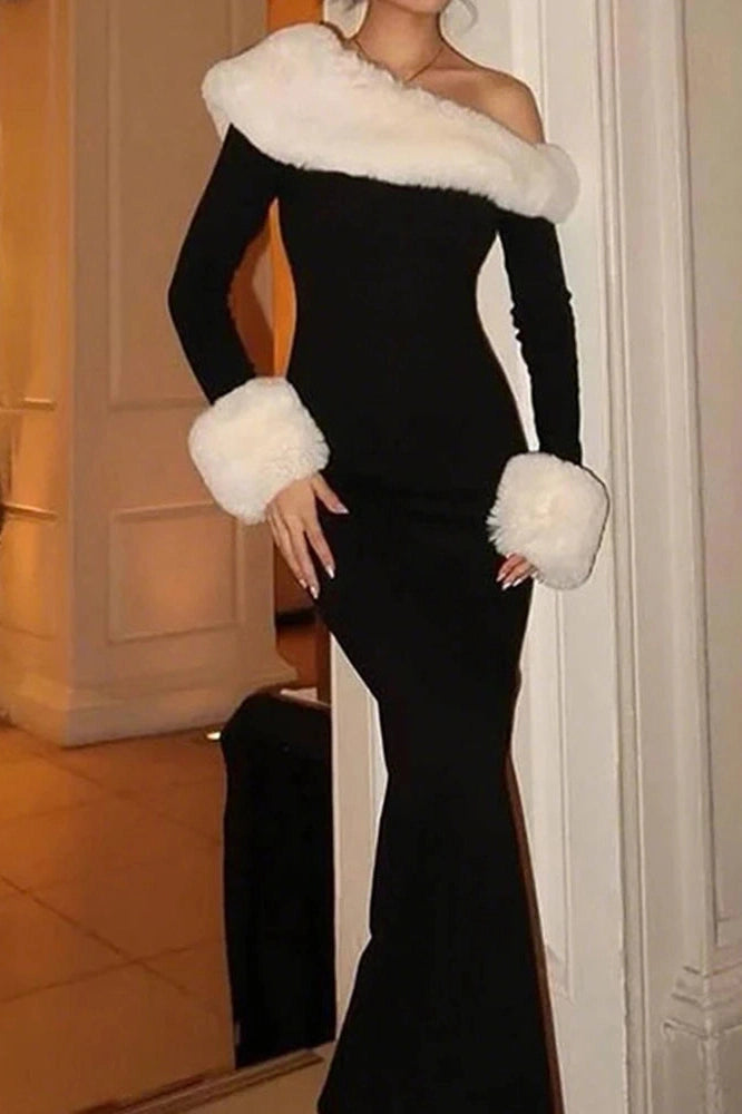 Glorol - Elegant Slash Collar Slim Maxi Dress