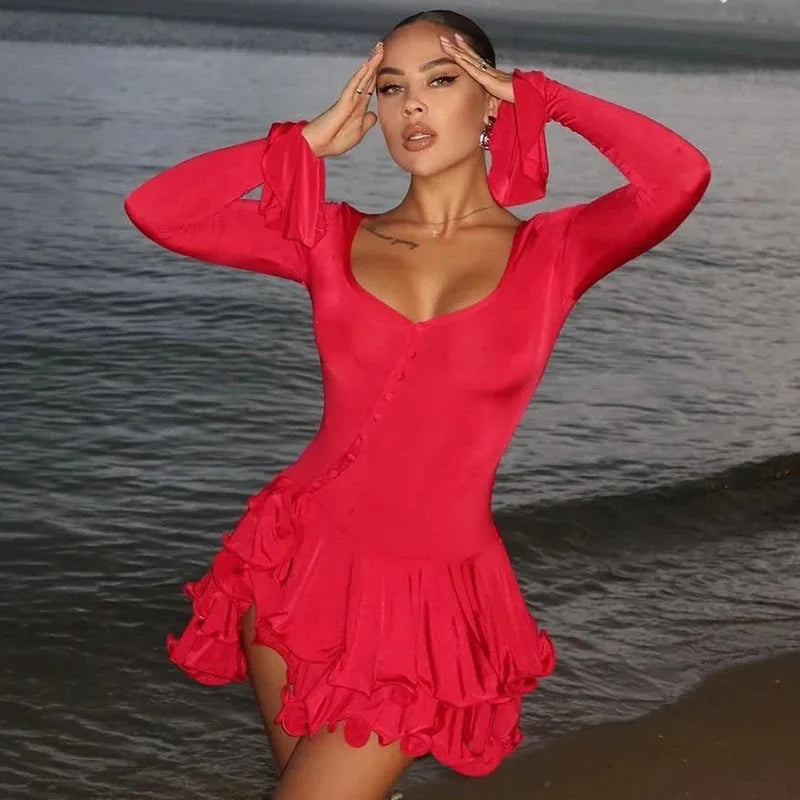 Glorol - Elegant V-Neck Button Patchwork Mini Dress