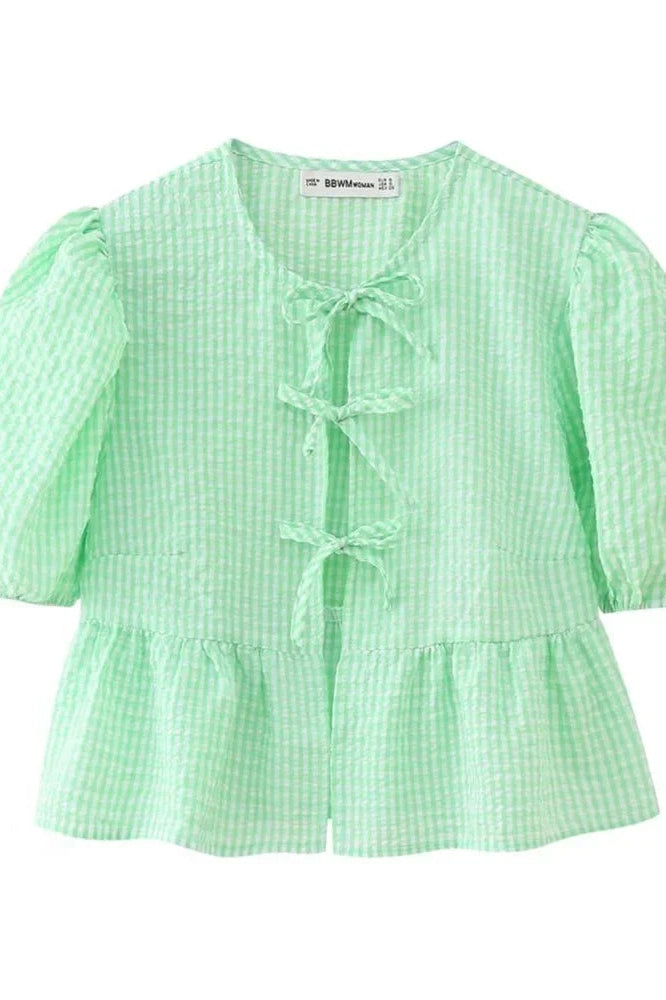 Glorol - Hollow Out Printed Short Sleeve Lace-Up Slim Top