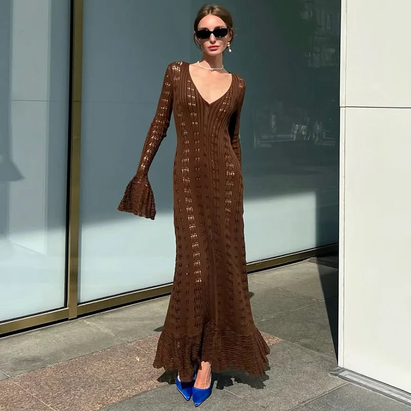 Glorol - Hollow Knitted Long Sleeve Maxi Dress