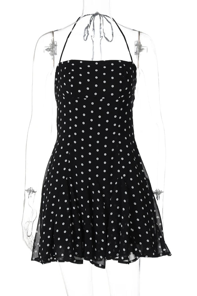 Glorol - Polka Dot High Waist Pleated Sleeveless Printed Slim Mini Dress