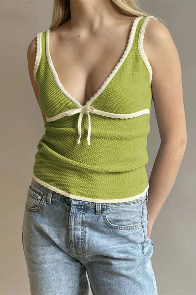 Glorol - Lace-Up Backless V-Neck Slim Top
