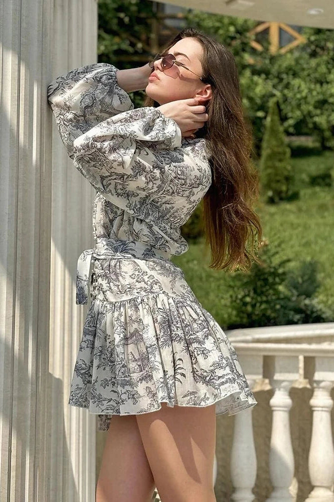 Glorol - Elegant Printed Lace Up Long Sleeve Mini Dress