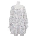 Glorol - Printed Square Collar Long Sleeve Lace-Up Mini Dress