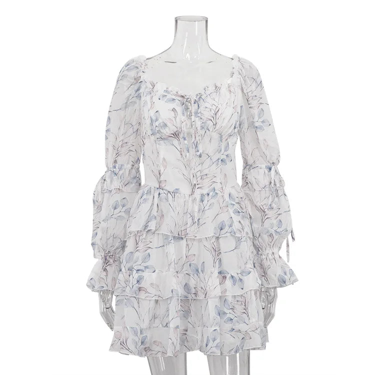 Glorol - Printed Square Collar Long Sleeve Lace-Up Mini Dress
