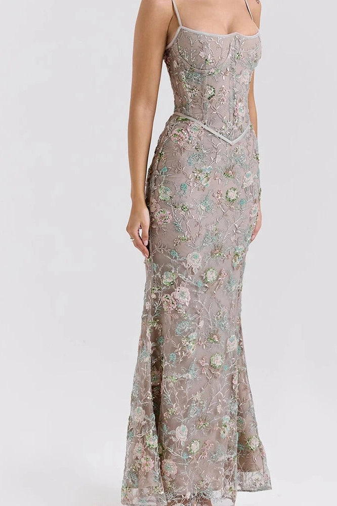 Glorol - Hollow Out Lace Embroidery Slim Backless Maxi Dress