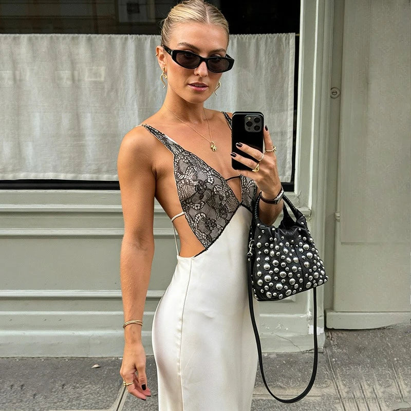 Glorol - Elegant Deep V-Neck Patchwork Backless Maxi Dress
